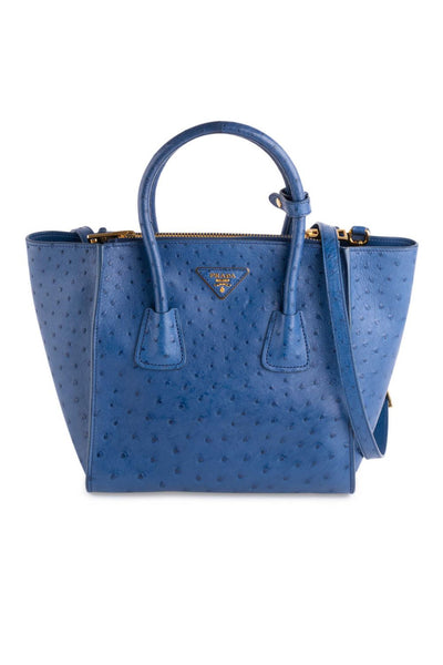 Prada Bag Voyage Blue Ostrich Leather Turnlock RARE Prada BN2708 Struzzo  Handbag