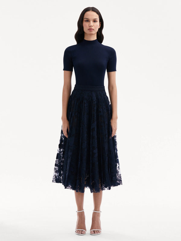 Marbled Carnation Guipuire Lace Pleated Skirt