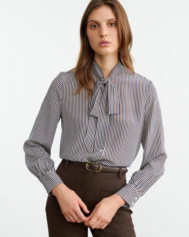 Irina Silk Stripe Tie Neck Blouse