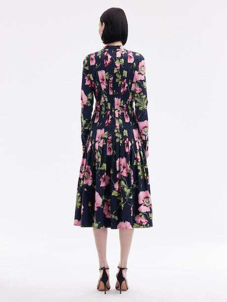 Long Sleeve Poppy Print Stretch Cotton Dress