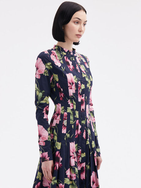 Long Sleeve Poppy Print Stretch Cotton Dress