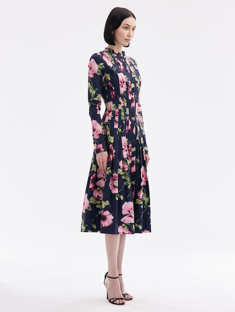 Long Sleeve Poppy Print Stretch Cotton Dress