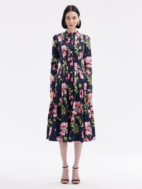 Long Sleeve Poppy Print Stretch Cotton Dress