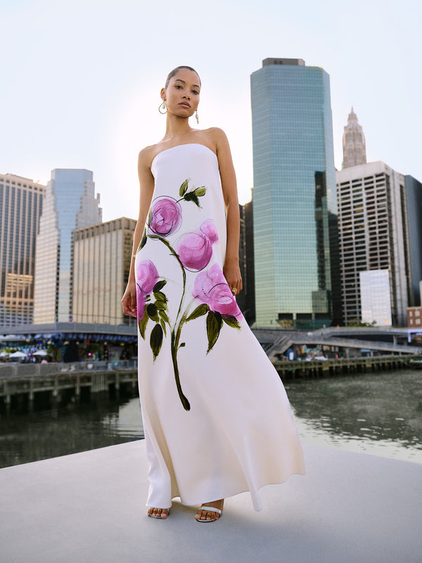 Strapless Painted Roses Wool Gown