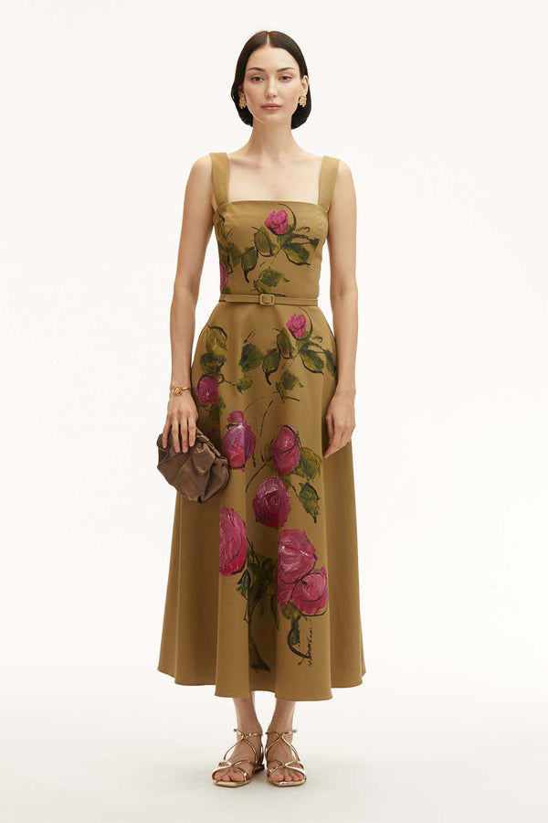 Sleeveless Painted Roses Full Skirt Cotton Twill Dress