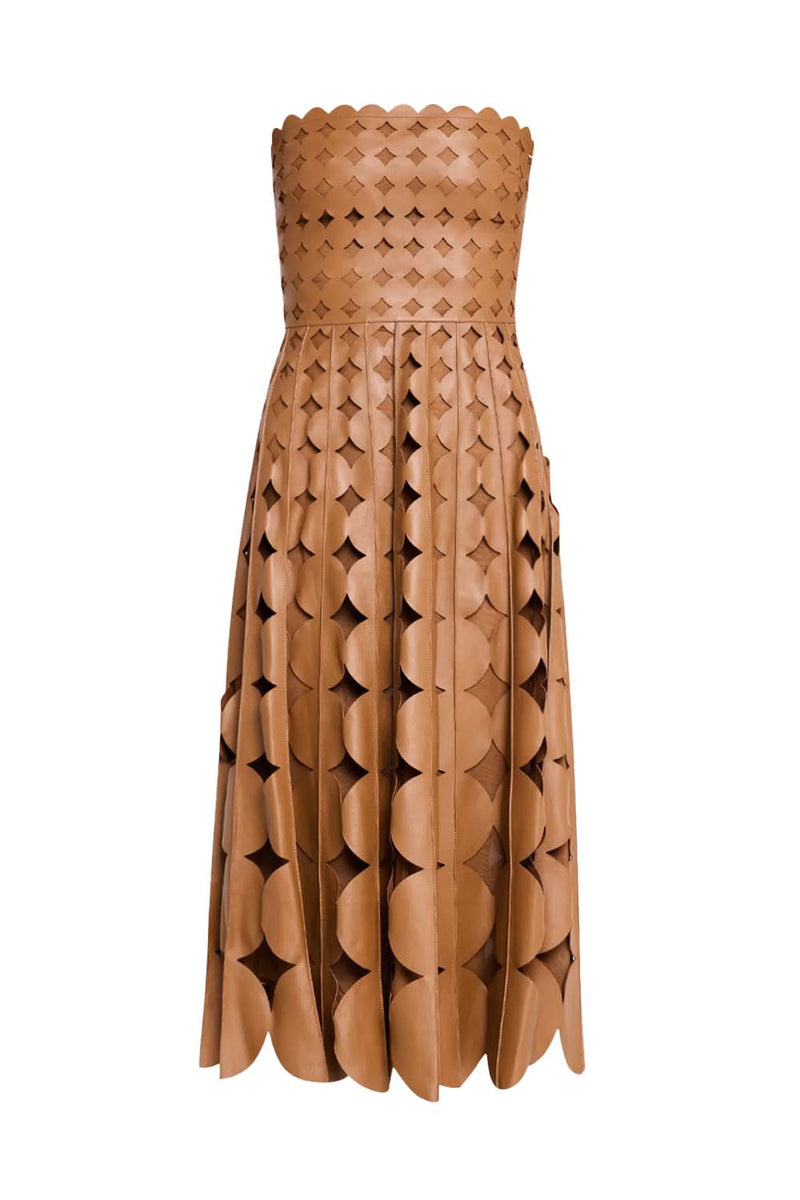 Strapless Geo Cutout Leather Midi Dress