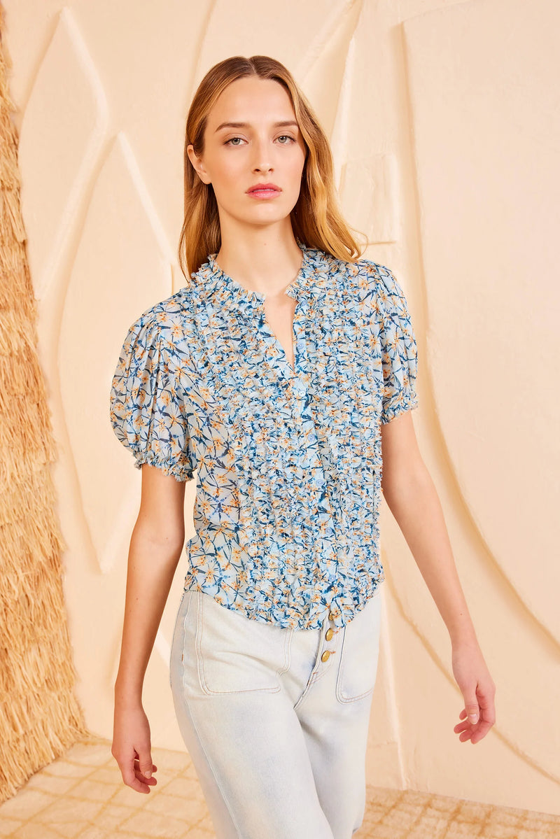 Adira Short Sleeve Silk Top with Ruffles