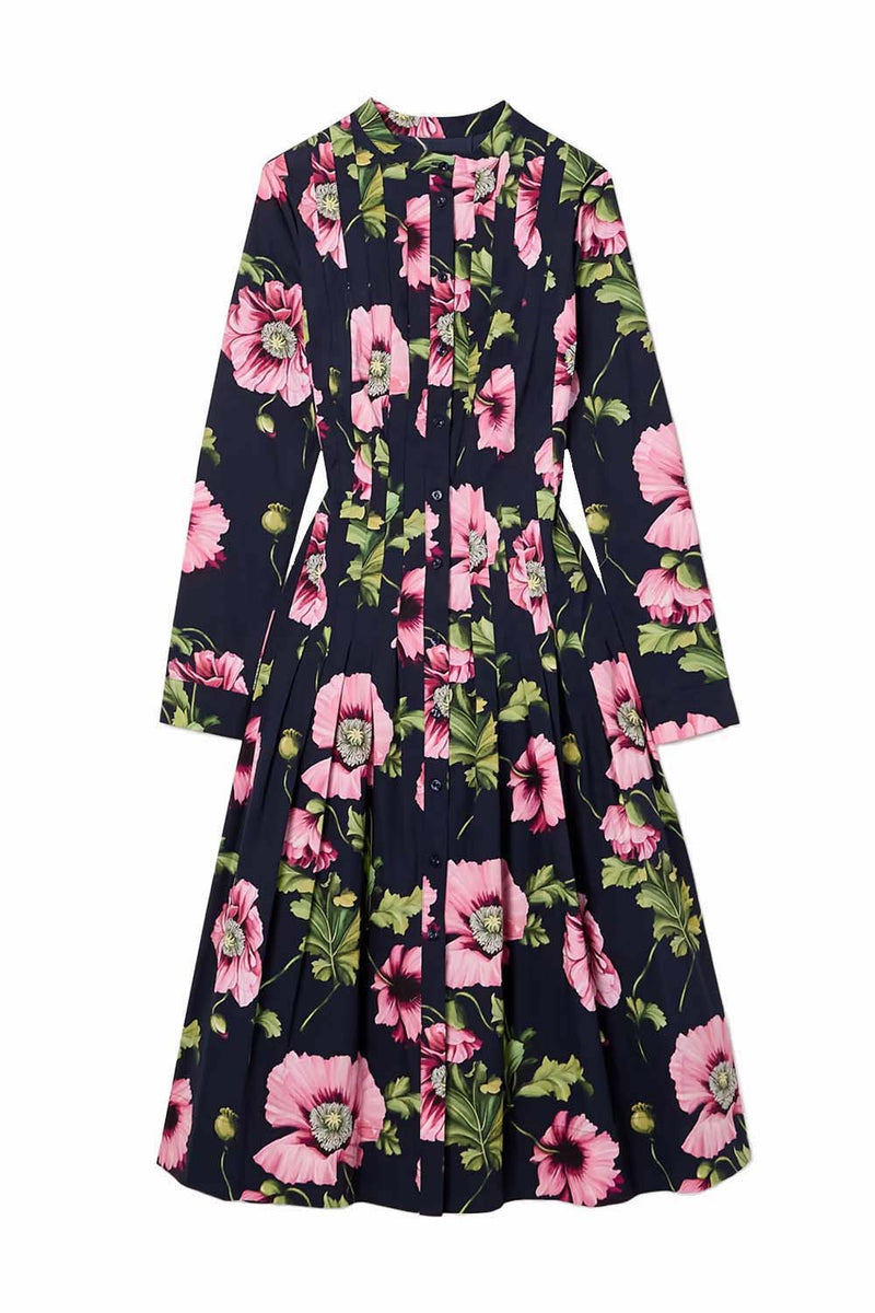 Long Sleeve Poppy Print Stretch Cotton Dress