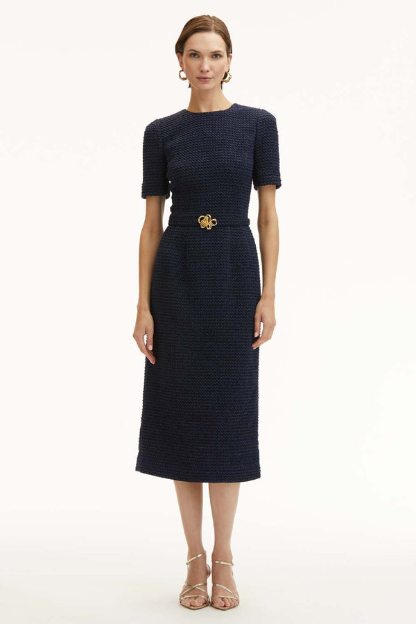 Short Sleeve Jewel Neck Small Lurex Tweed Pencil Dress