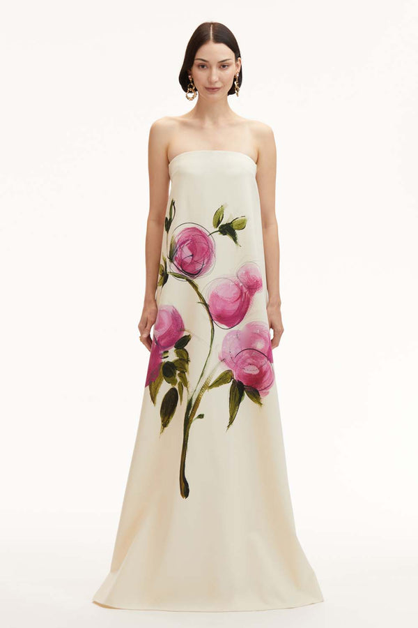 Strapless Painted Roses Wool Gown