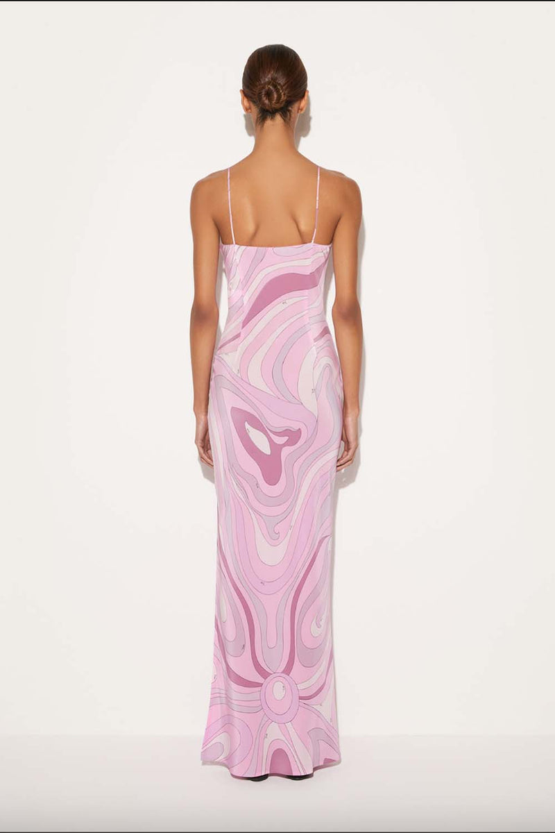 Marmo Print Floor-Length Silk Slip Dress