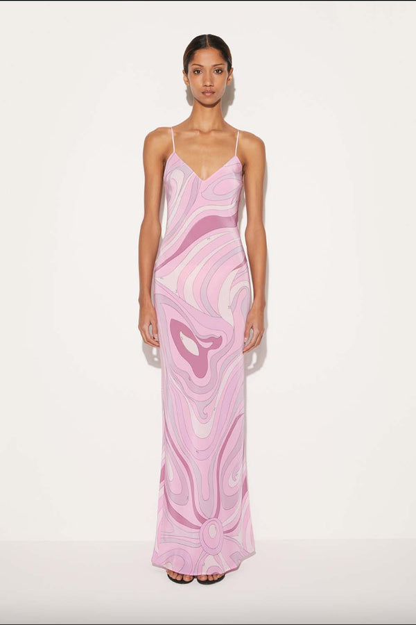 Marmo Print Floor-Length Silk Slip Dress