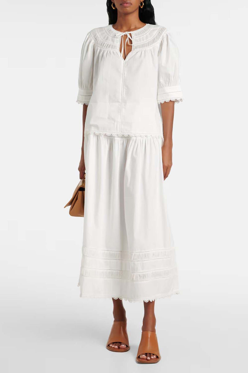 Dylan Plissé-Chiffon and Lace-Trimmed Cotton-Poplin Blouse