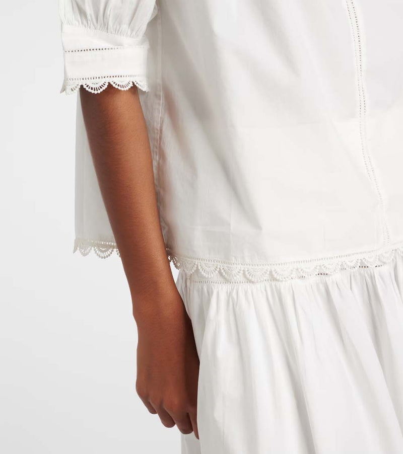 Dylan Plissé-Chiffon and Lace-Trimmed Cotton-Poplin Blouse