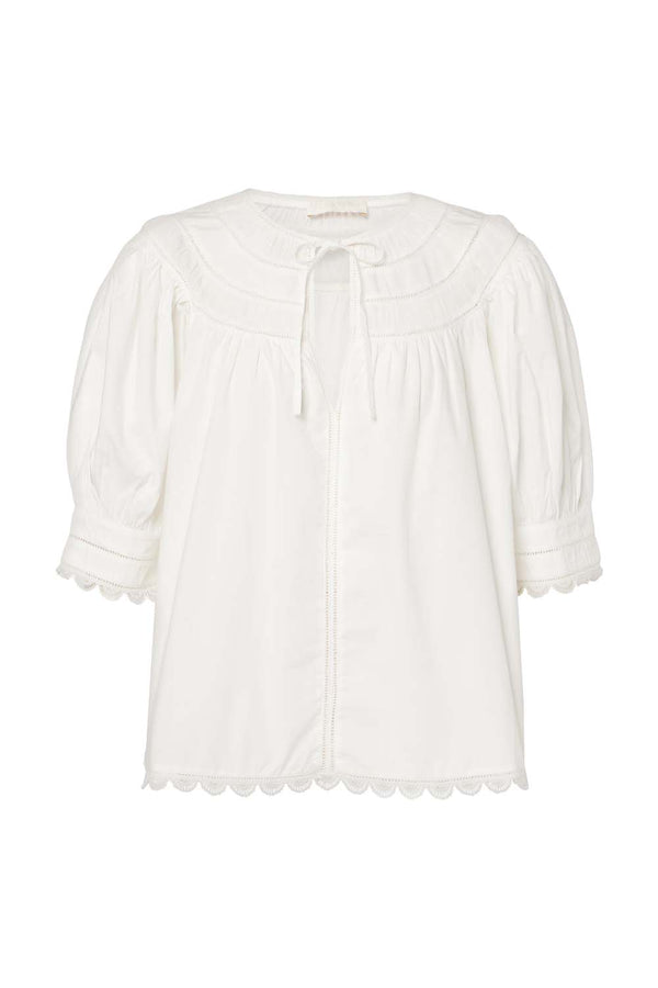 Dylan Plissé-Chiffon and Lace-Trimmed Cotton-Poplin Blouse