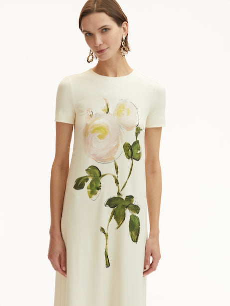 Short Sleeve Painted White Roses Jersey Dress