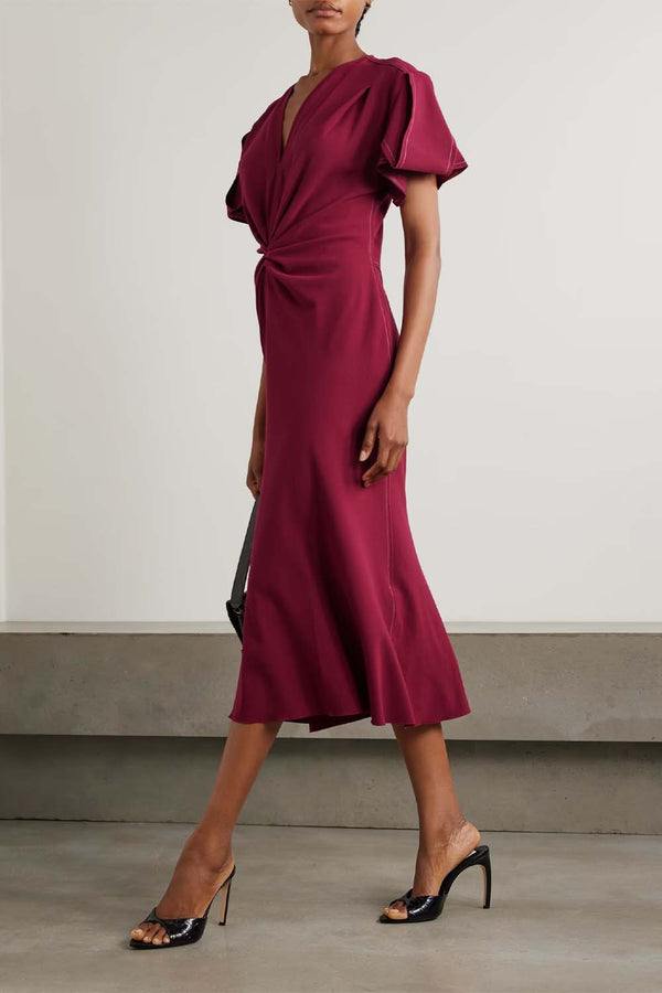 Gathered Wool-Blend Crepe Midi Dress