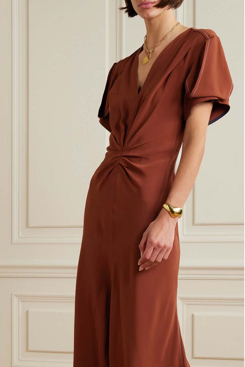 Gathered Waist V-Neck Midi Dress