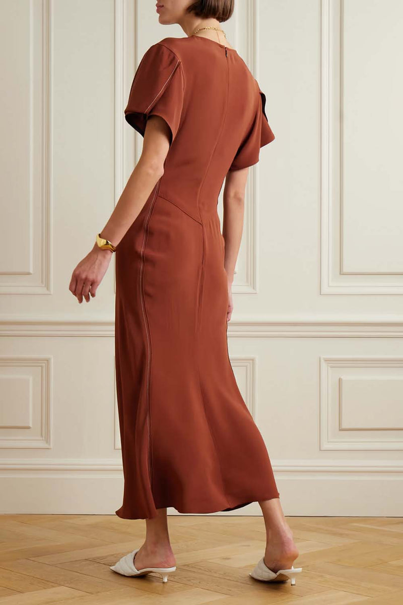 Gathered Waist V-Neck Midi Dress