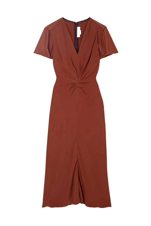 Gathered Waist V-Neck Midi Dress