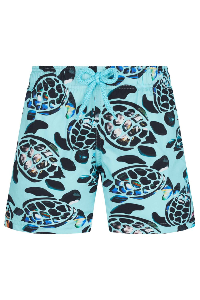 Vilebrequin Mens Screen Turtles Stretch Swim Shorts, Lagoon Blue